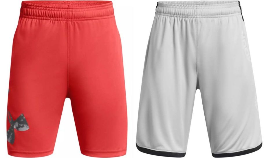 a pair of red bys shorts and a pair of gray boys shorts