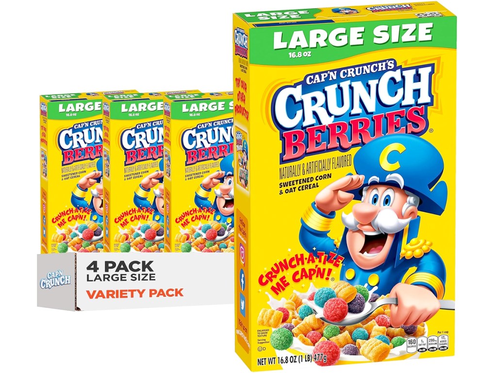 4 yellow boxes of Cap'n Crunch Crunch Berries Cereal