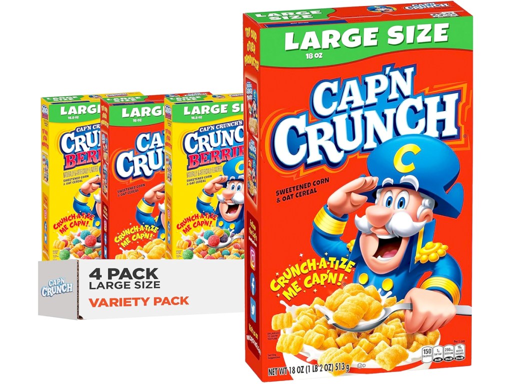 red and yellow boxes of Cap'n Crunch Cereal
