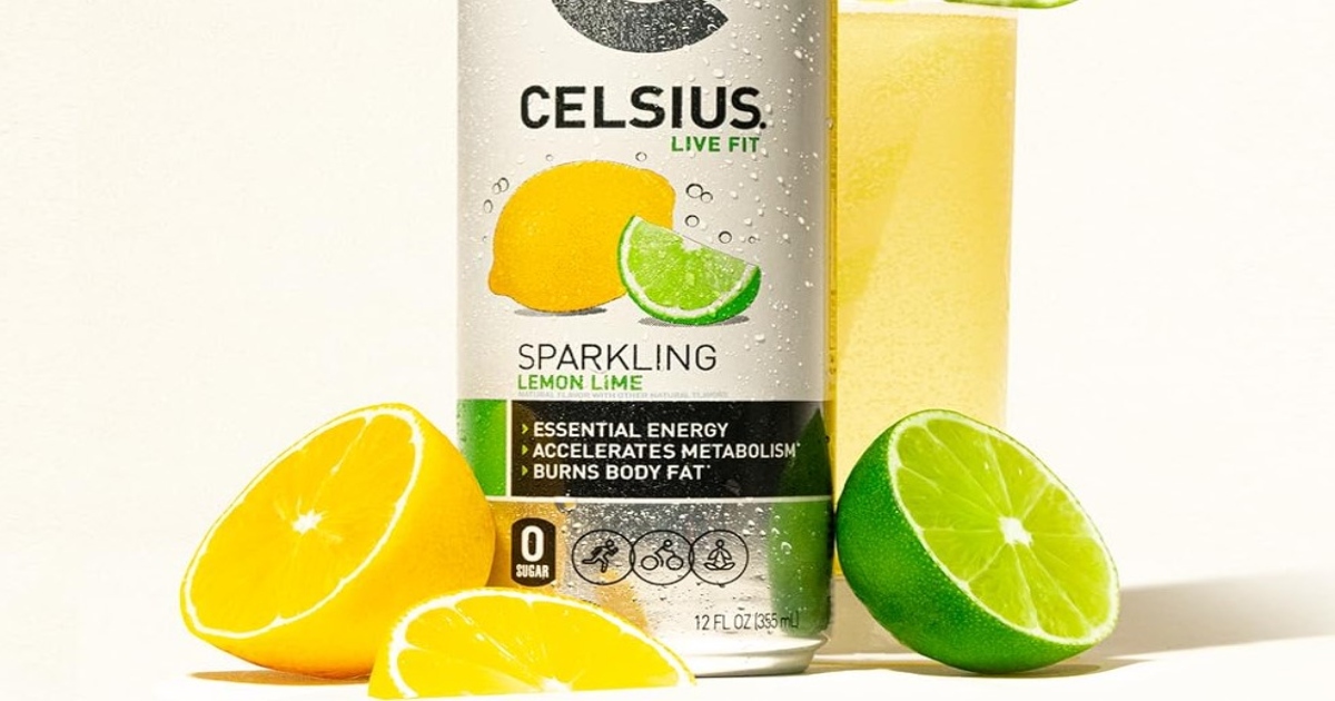 Celcius Sparkling Lemon Lime drink with lemons and limes cut in half beside it.