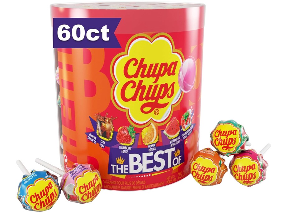 large container of Chupa Chups Lollipops with 5 on either side of it