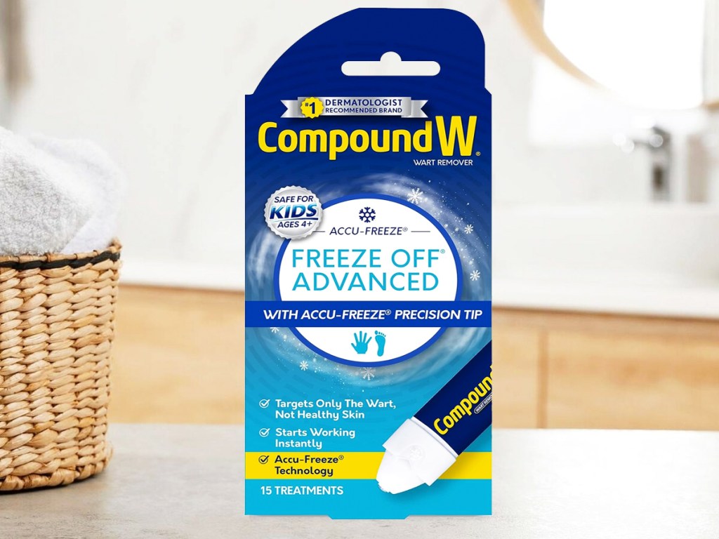 Compound W Freeze Off Advanced Wart Remover box in a bathroom near a basket