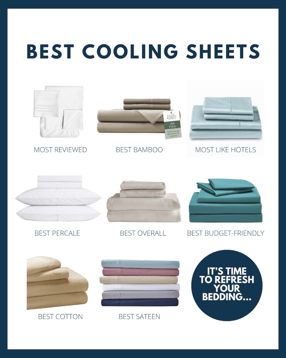 graphic of the best cooling bed sheets with various kinds of sheet sets with labels