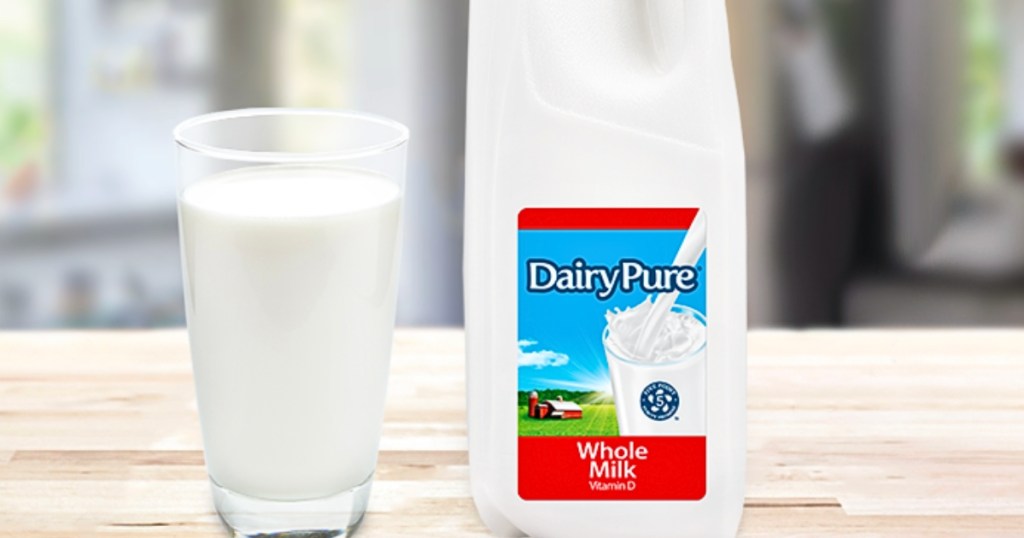 dairy pure whole milk 1/2 gallon and glass of milk