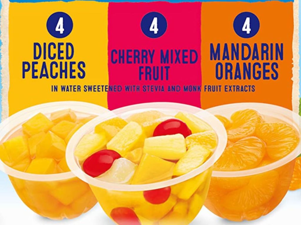 Dole fruit: 3 cups with peaches, oranges, and cherries