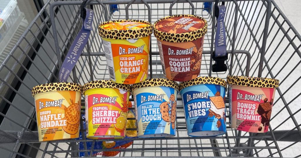 Walmart shopping cart with front basket full of Dr Bombay Ice Cream Pints
