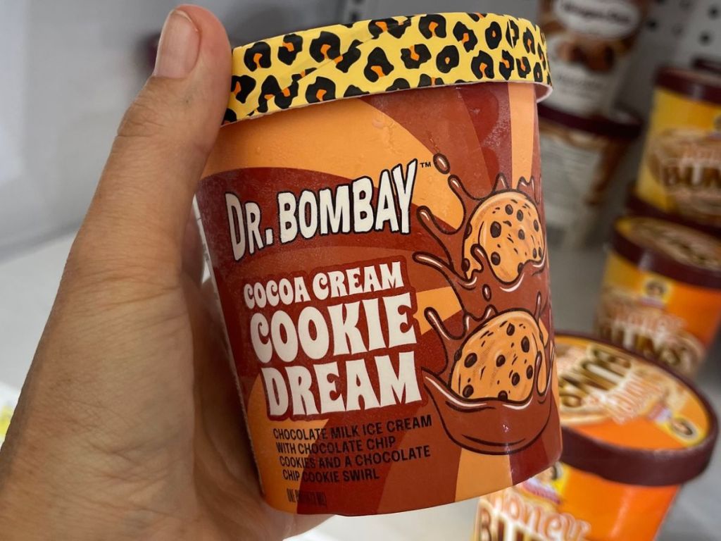 Hand holding a Dr Bombay Cocoa Cream Cookie Dream Ice Cream