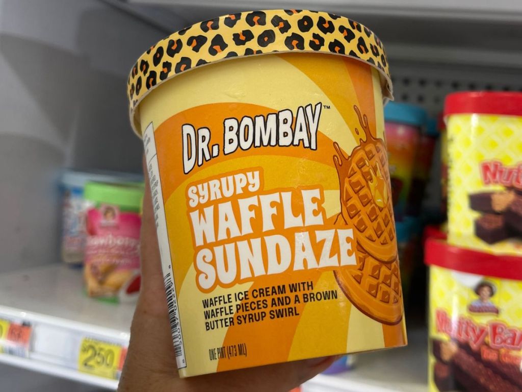 Hand holding a Dr Bombay Waffle Sundaze Ice Cream Pint