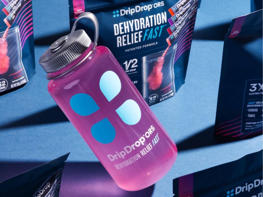 A water bottle filled with DripDrop Hydration drink mix