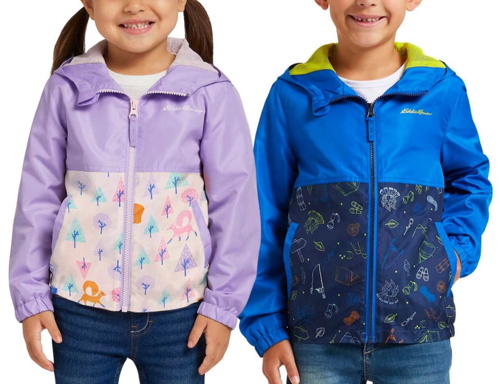 two kids wearing Eddie Bauer kids Light Weight Jackets in purple and blue