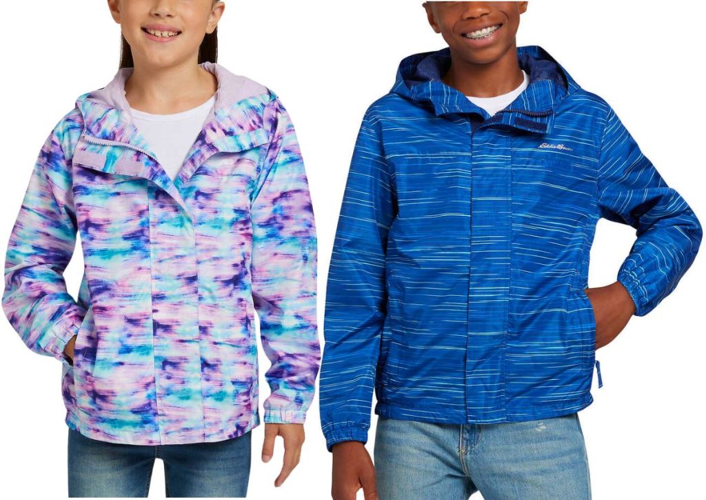 two kids wearing Eddie Bauer Youth Light Weight Jackets in purple and blue