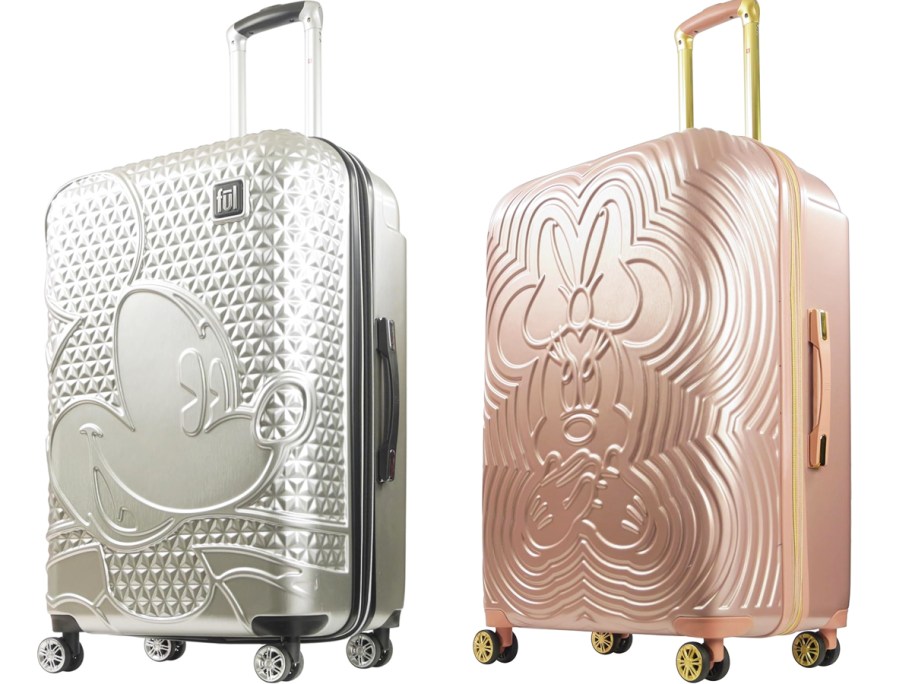 silver mickey mouse and rose gold minnie mouse luggage pieces