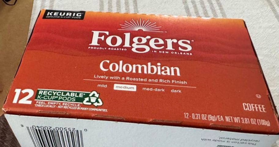 Folgers Columbian Medium Roast Coffee K-Cups 72-Count box on counter