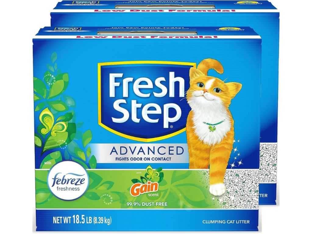 Stock images of two boxes of Fresh Step Cat Litter