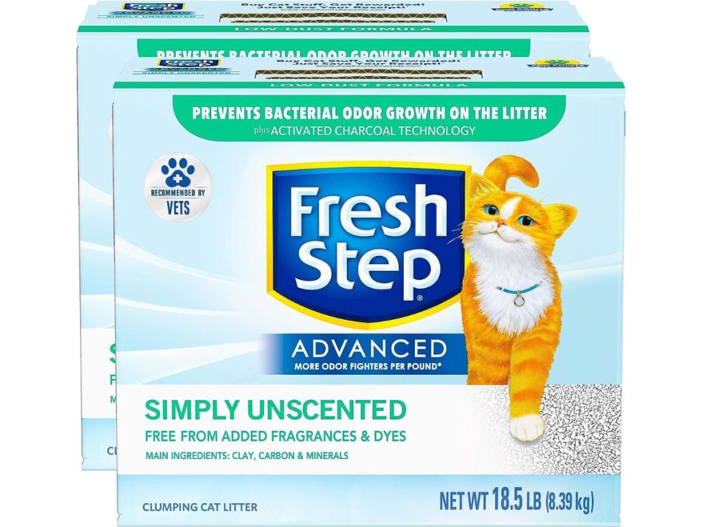 Stock images of two boxes of Fresh Step Cat Litter