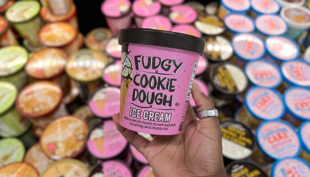 Hand holding a pint of Trader Joe's Fudgy Cookie Dough Ice Cream