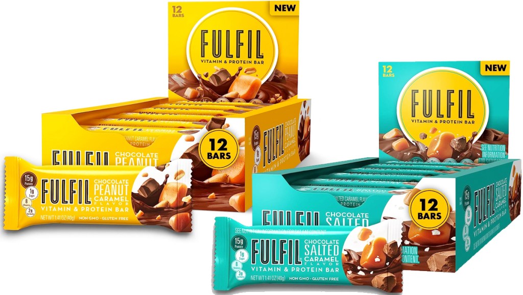 boxes of Fulfil Vitamin and Protein Bars in Chocolate Peanut and Caramel and Chocolate Salted Caramel