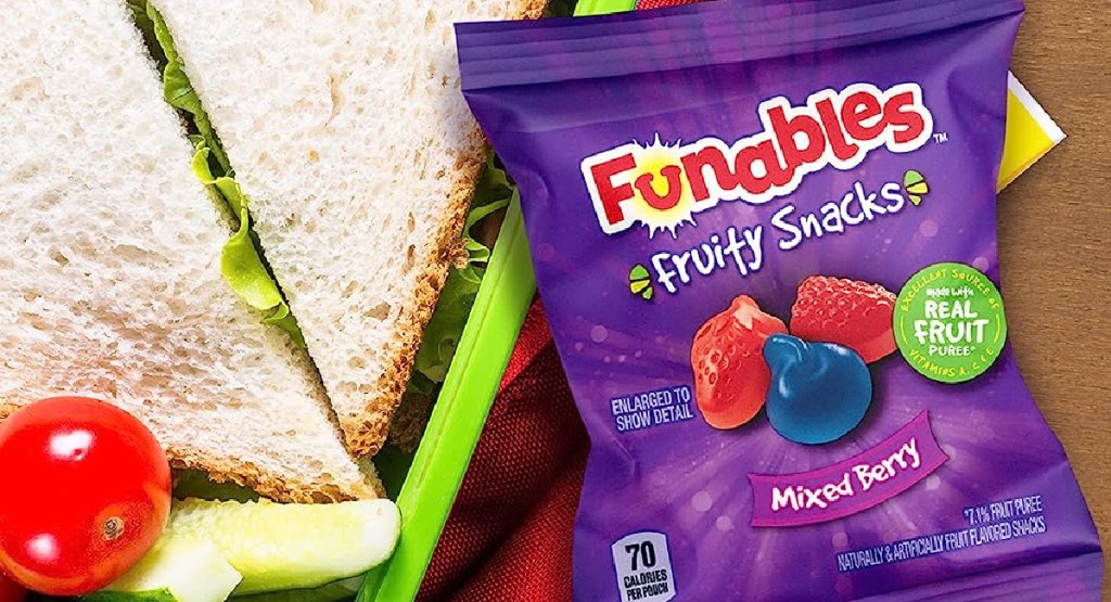 Funables Fruit Snacks 40-Count Box next to a sandwich