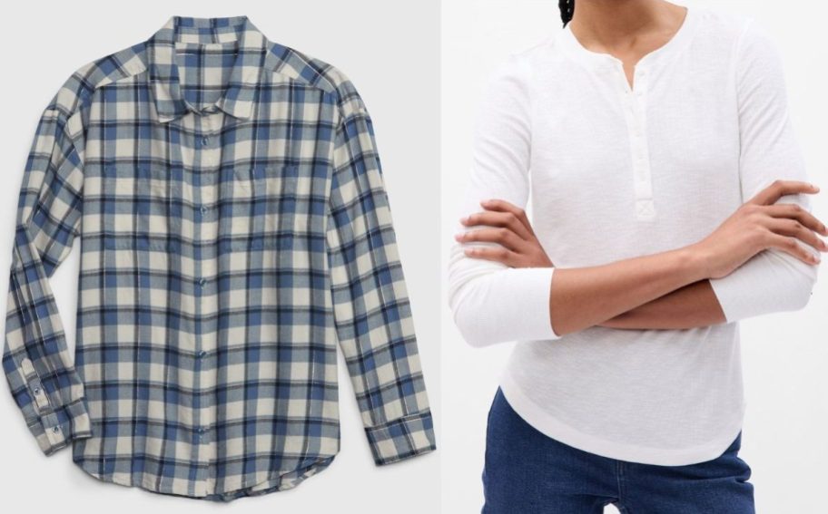 Stock images of a GAP kids buttondown and a woman wearing a white henley tee