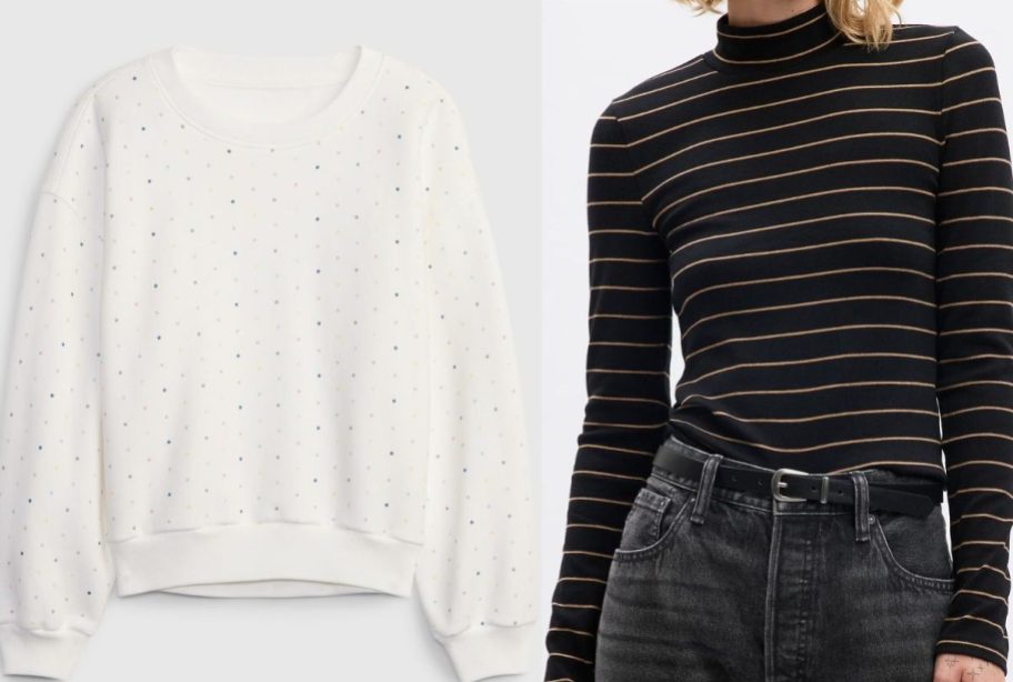 Stock images of a GAP kids sweatshirt and a woman wearing a mock-neck shirt
