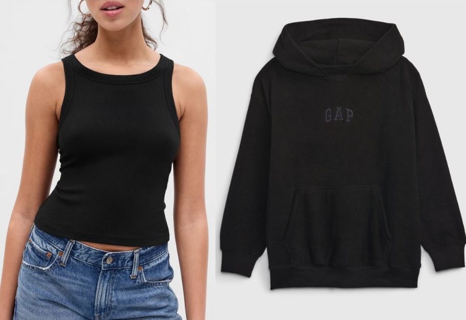 Stock images of a GAP women's tank top and a kids GAP logo hoodie