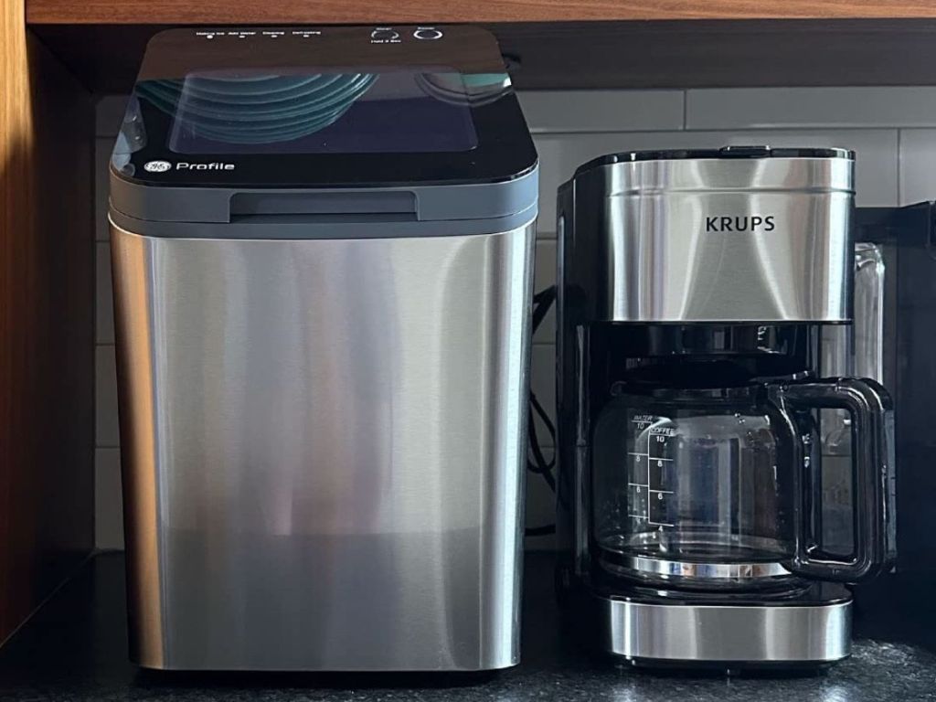 The GE profile ice maker next to a Krups coffee maker