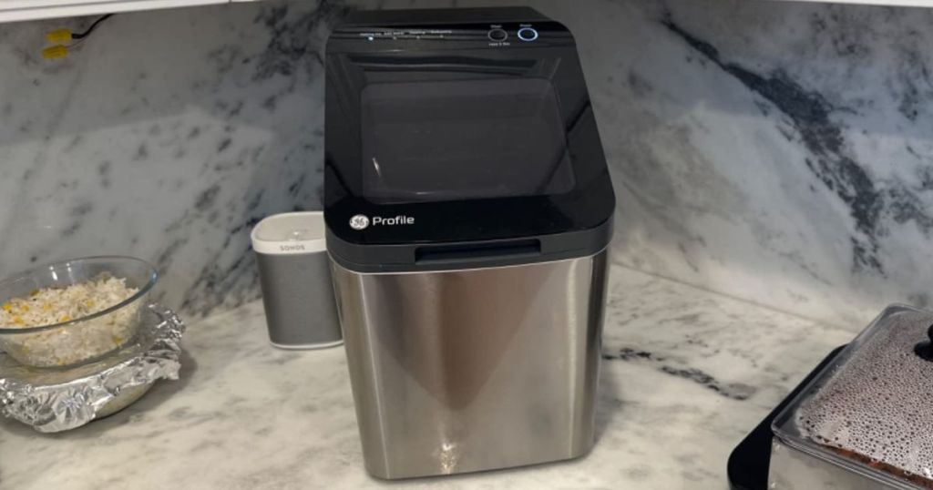 A GE Profile Ice Maker on a countertop