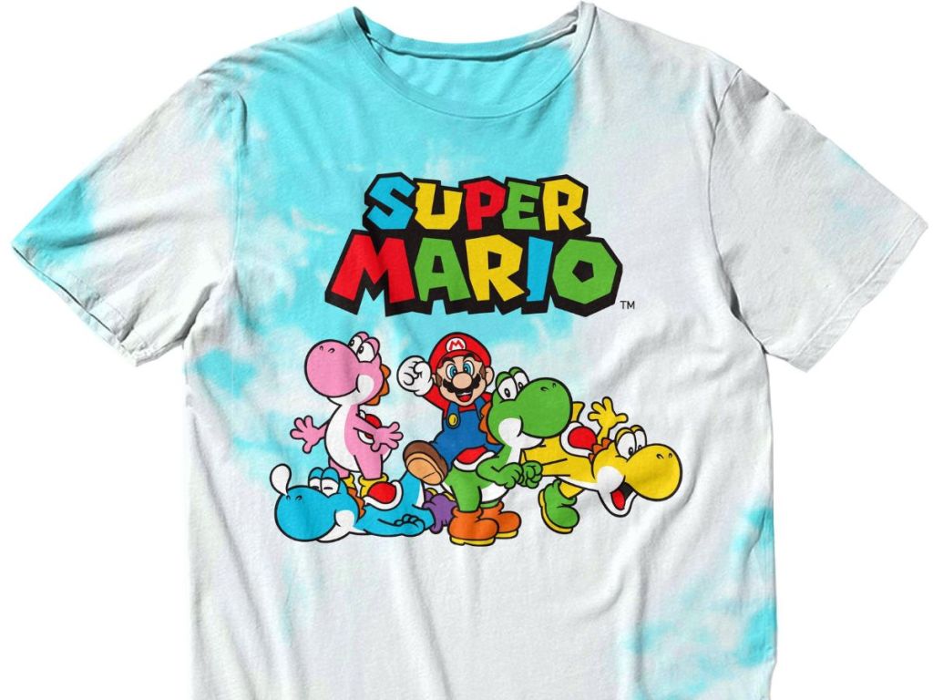 A white t-shirt with Super Mario characters on it