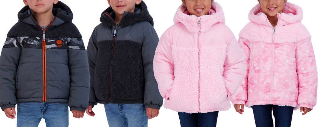 2 boys and 2 girls wearing Gerry Kids' Reversible Jackets in pink and black