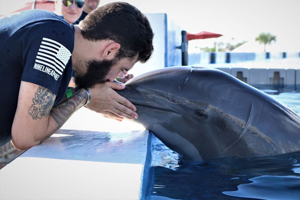 soldier playing with a dolphin at a Gratitude America military retreat