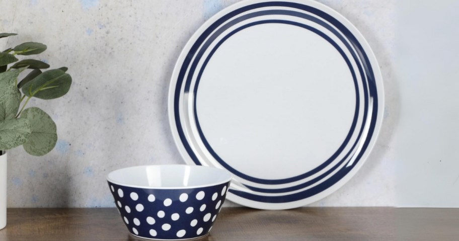 white and blue melamine dinner plate and bowl on a wood shelf next to a plant