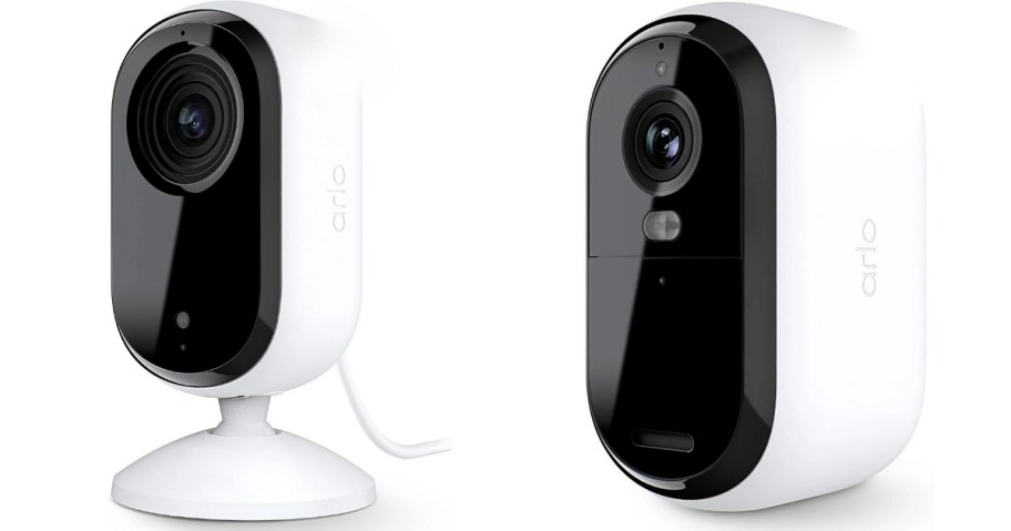 a white and black indoor security camera on a base and a white and black outdoor security camera