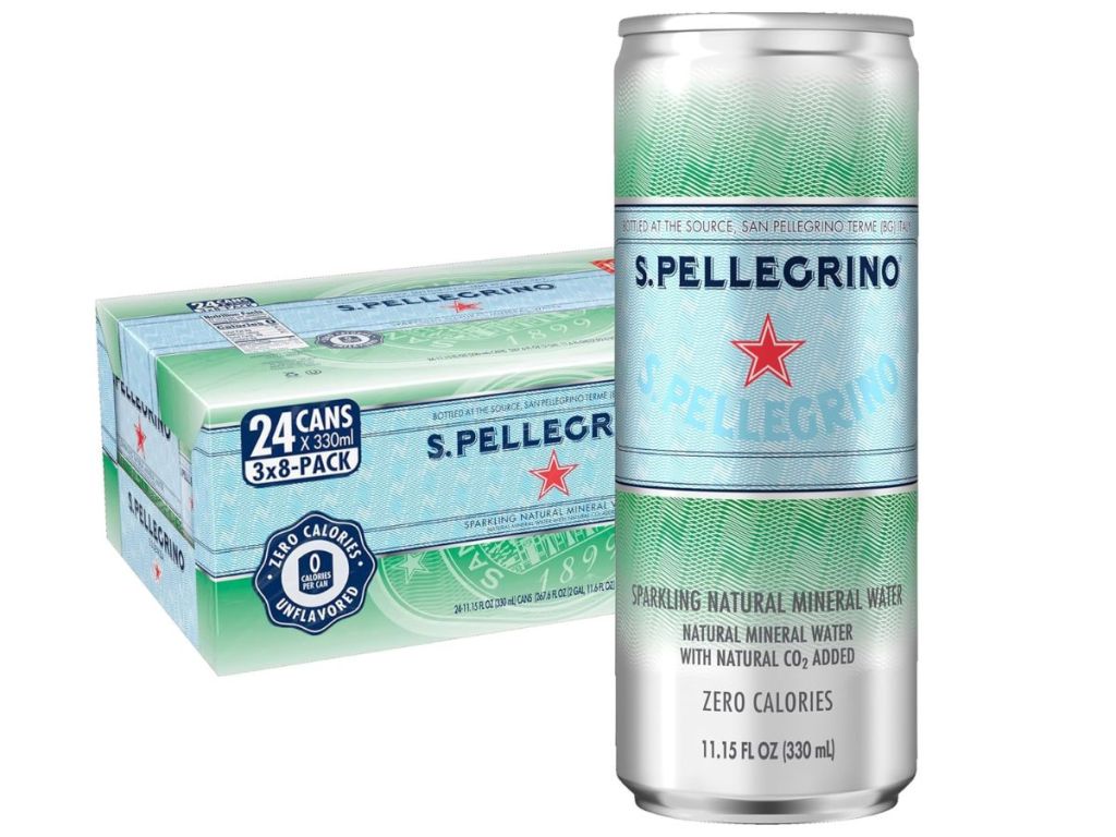 one single S.Pellegrino Sparkling Natural Mineral Water, Unflavored can with a box of 24 cans behind it