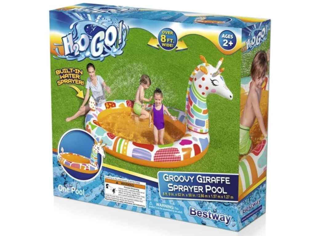 مربع لH2OGO!  حوض سباحة للأطفال قابل للنفخ متعدد الألوان على شكل زرافة من جروفي مع بخاخ
