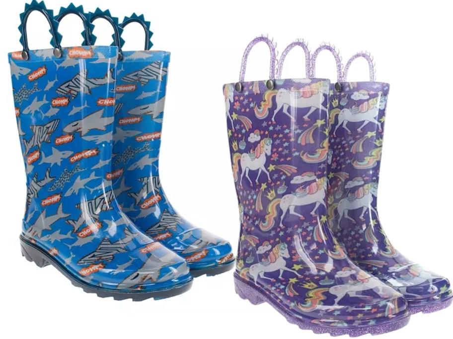 boys light up rainboot in blue with sharks and girls light up rain boot in purple with unicorns