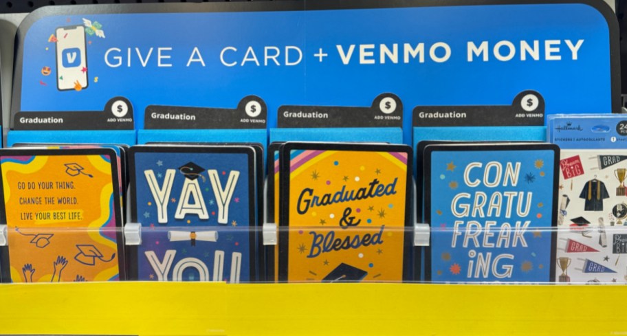 A row of Hallmark + Venmo cards displayed at the Hallmark store
