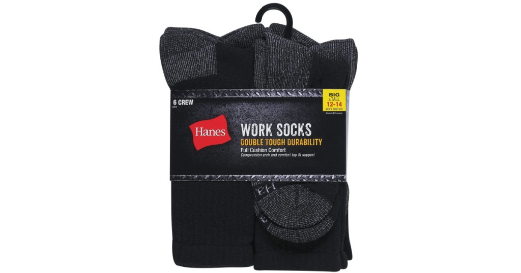 Hanes Mens Work Socks 6 Pack Black Pakckage