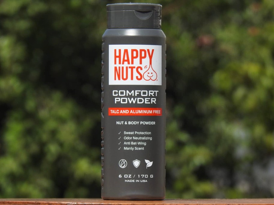 grey bottle of Happy Nuts Comfort Powder