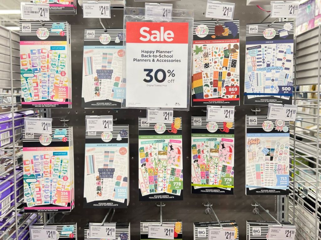 a wall display of planner stickers