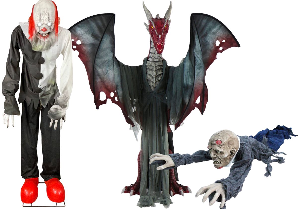 Haunted Living 8-ft Lighted Animatronic Clown on Stilts, Haunted Hill Farm 6ft Lighted Animatronic Brantley, the Brimstone Dragon and Haunted Hill Farm 1-ft Moaning Pre-Lit Animatronic Zombie stock images