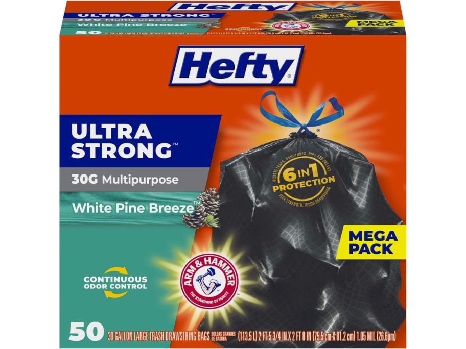 Stock image of a box of Hefty Ultra Strong 30-Gallon Trash Bag 50-count in White Pine Breeze Scent