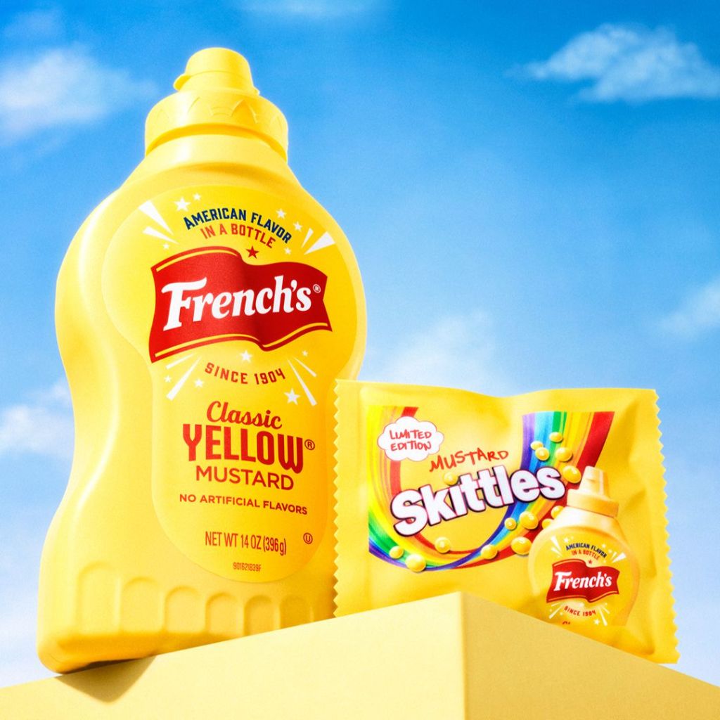 French's Mustard Bottle and Skittles Mustard Flavor Candy Bag