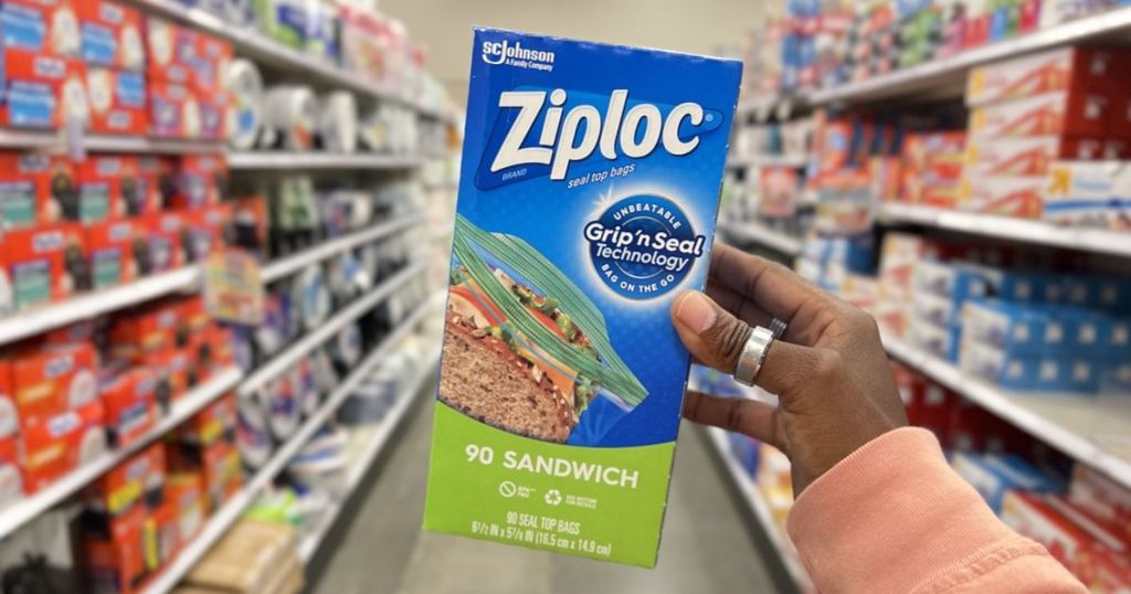 Ziploc Sandwich Bags 90-Count Box in woman's hand in store aisle