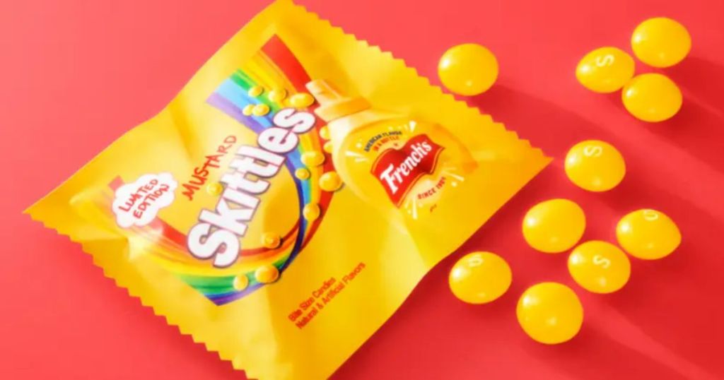 Mustard Skittles bag with candies