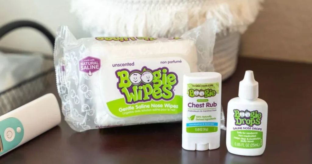 Boogie Wipes Stuffy Nose Kit shown on changing table