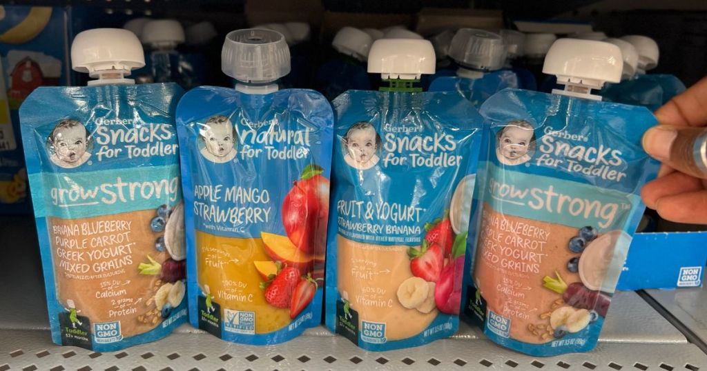 Gerber baby food squeezable pouches on shelf at Walmart