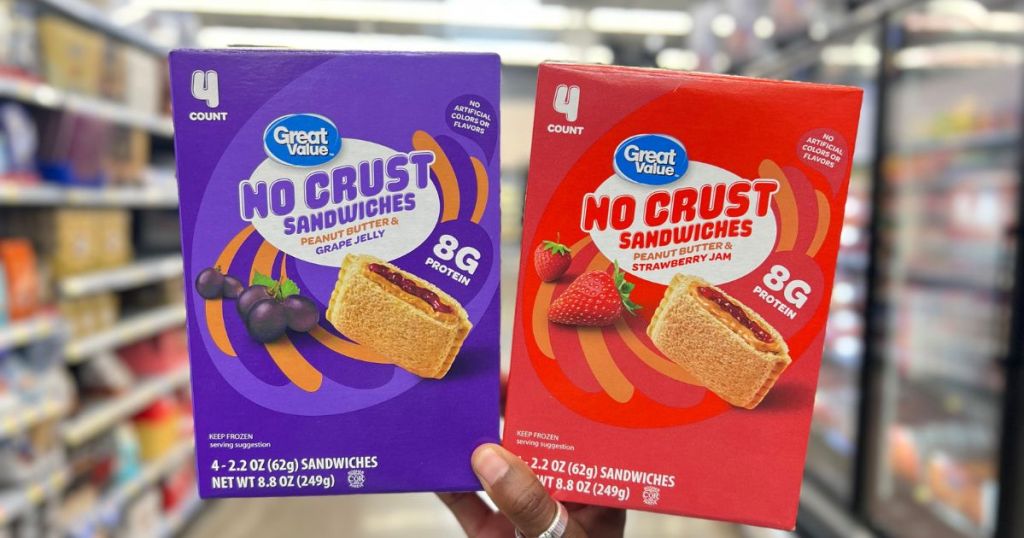 Great Value No Crust Peanut Butter & Jelly Sandwiches in woman's hand at Walmart