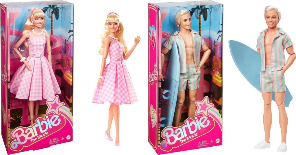 Barbie The Movie Margo Robbie as Barbie Doll and Ryan Gosling as Ken Doll shown with boxes