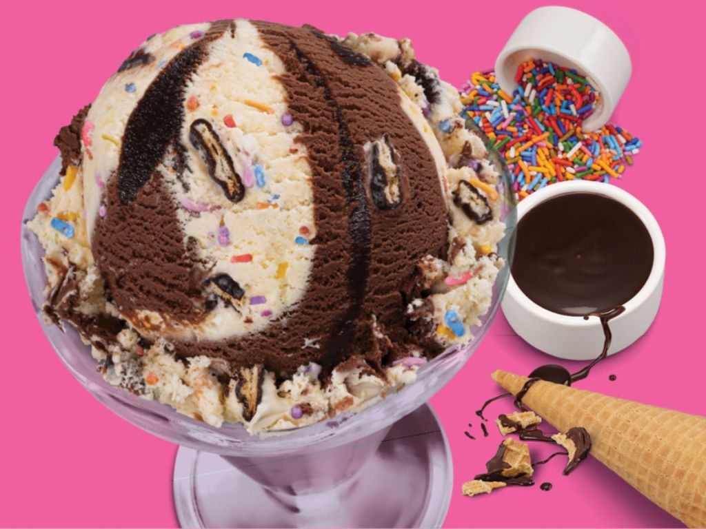 Baskin Robbins Sundae shown with ice cream toppings