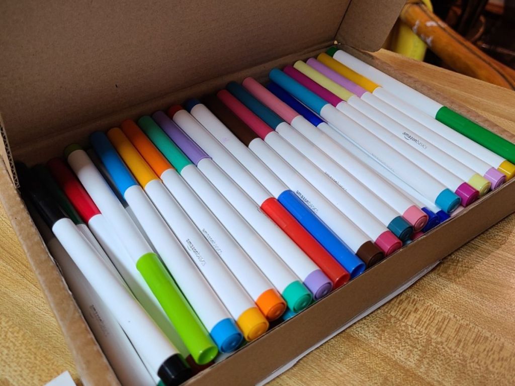 Amazon Basics Broad Line Washable Markers 40 Pack shown in box on table